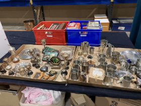 Contents to two trays - large quantity of plated trophies, tankards, wood shields,