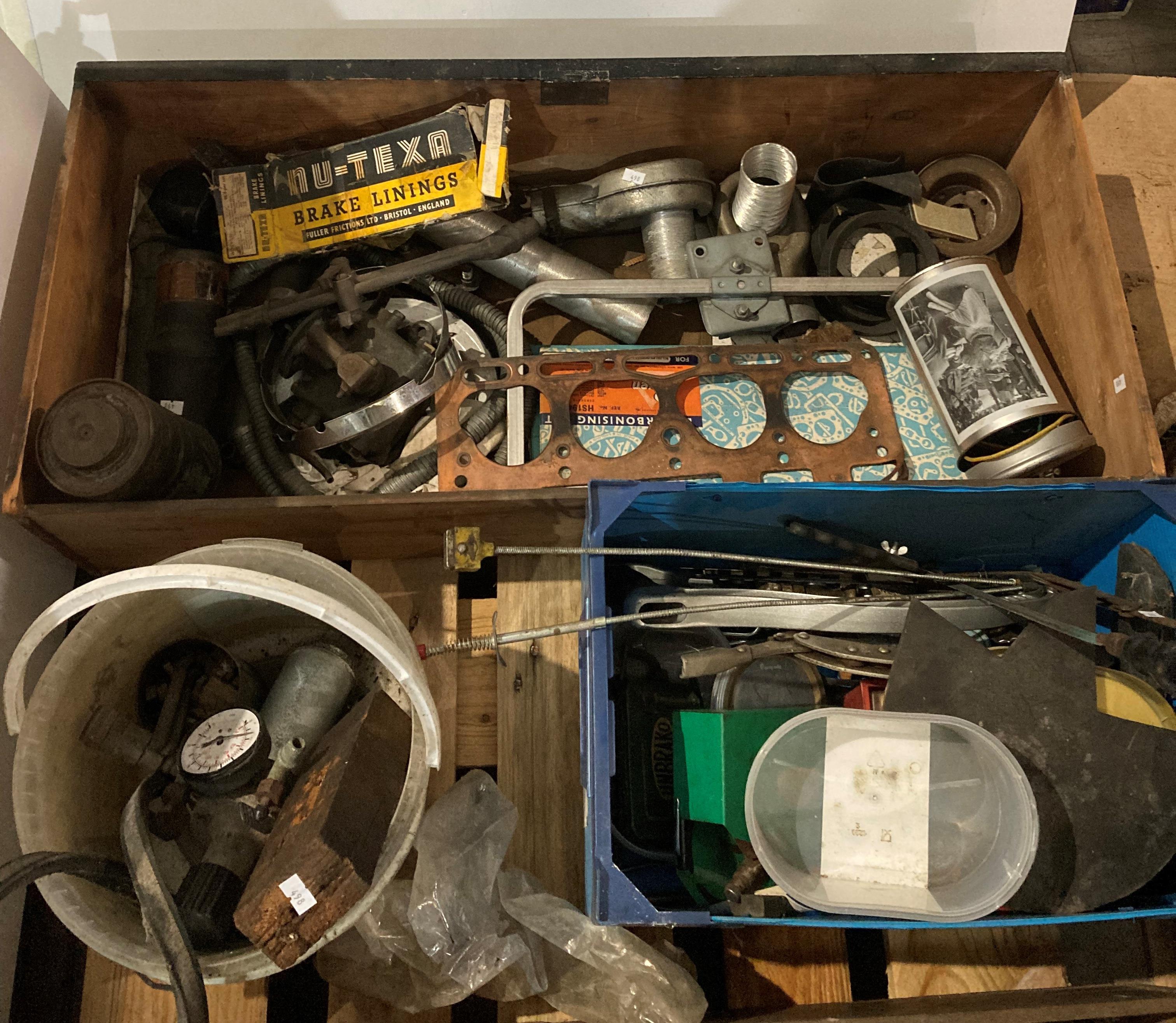 Two boxes and tub of assorted car parts and hand tools including gaskets for MG, Morris,