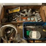 Two boxes and tub of assorted car parts and hand tools including gaskets for MG, Morris,