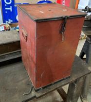 Vintage red metal lift-top manual pump oil dispenser/parts washer (possibly by Kayes) - size: 27 x