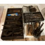 Contents to wooden tray - assorted tap and die bits, metal drill bit stand, files,