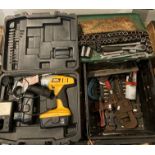 Contents to crate - four assorted wrenches, a Record IMP vice G-clamp, a Kamasa socket set,