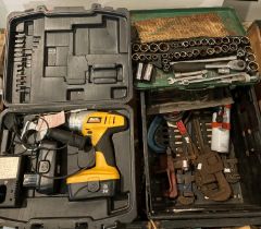 Contents to crate - four assorted wrenches, a Record IMP vice G-clamp, a Kamasa socket set,