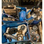 Contents to 3 boxes and a bag of assorted car parts including Smiths, RPM dials, fan, lights,