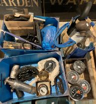 Contents to 3 boxes and a bag of assorted car parts including Smiths, RPM dials, fan, lights,