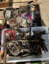 Contents to 3 boxes and tin - assorted vintage hand tools including a PWWE13 manual drill hammers,