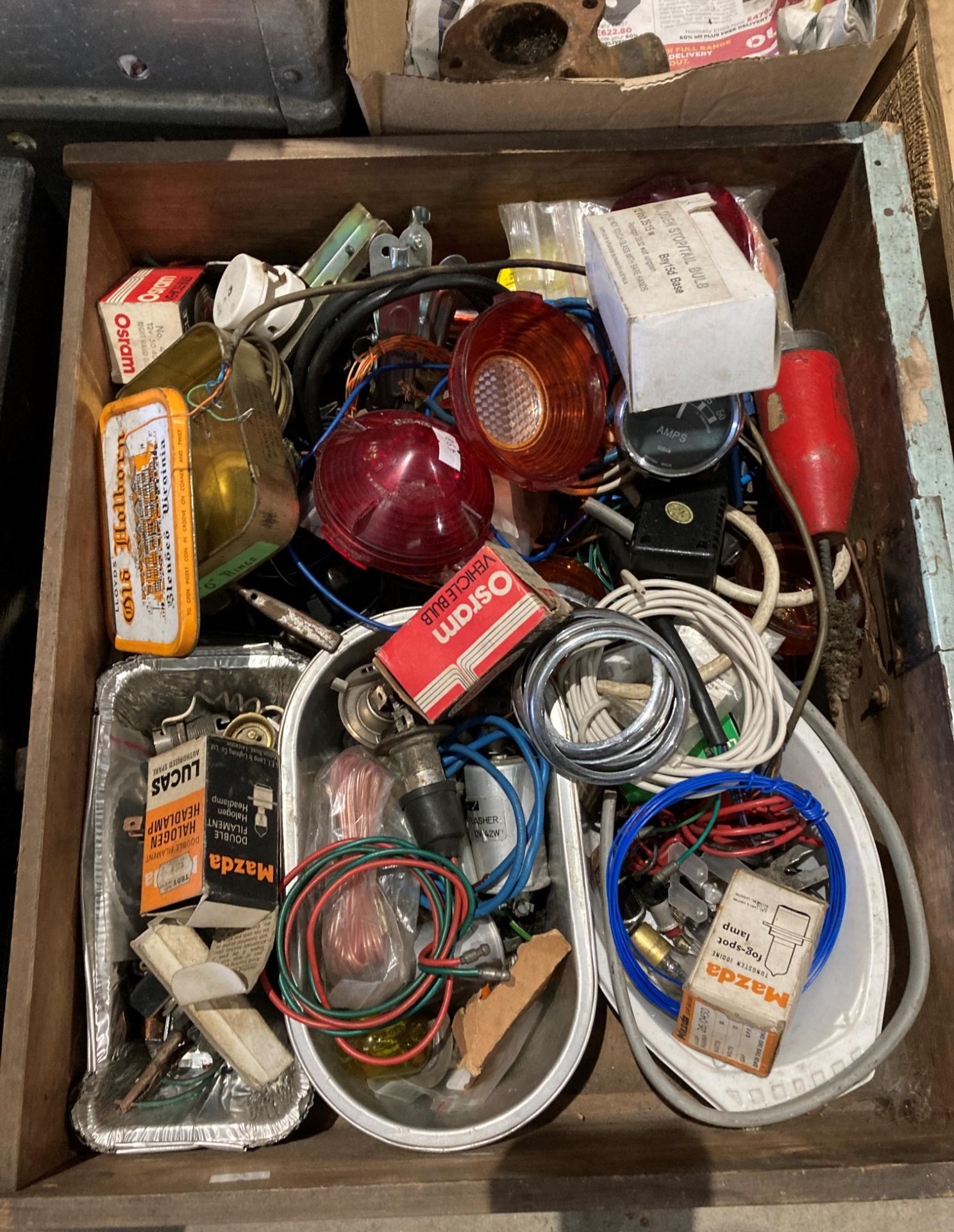 Contents to two wooden drawers - assorted car parts including oil filters, lenses, bulbs, wiring, - Image 3 of 3