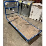 Blue metal-framed four-wheel mobile stock trolley - size of bed: 150 x 69cm (saleroom location: