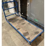 Blue metal-framed four-wheel mobile stock trolley - size of bed: 150 x 69cm (saleroom location: