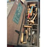 A vintage British Empire wooden tool set box and assorted hand tools including mallet,