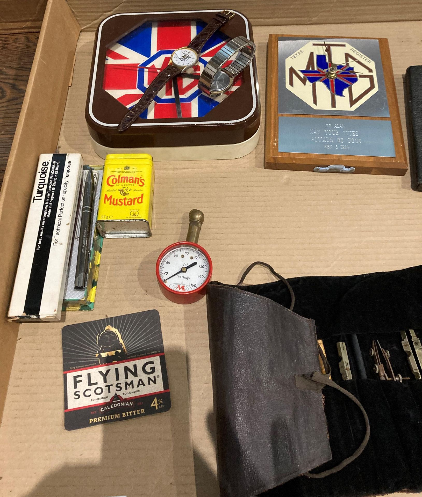 Contents to tray - two MG related clocks and two MG related watches, pens, small precisions tools, - Image 2 of 3
