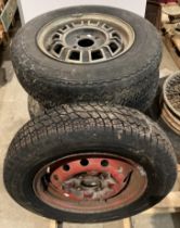 Set of four Dunlop MGB GT V8 wheels with used tyres Michelin 175 HR 14 XAS and steel wheel with a