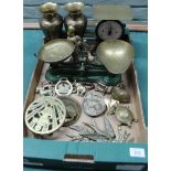 A box of metalware including two sets of scales,