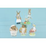 Three Beswick F Warne & Co Beatrix Potter figurines plus two Royal Albert examples
