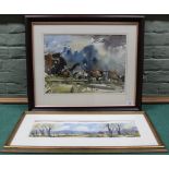 A framed watercolour 'Barns at Massingham' signed 'Bosher',
