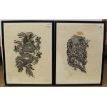 A pair of framed Oriental prints on rice paper depicting dragons