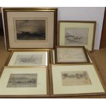 Seven assorted framed pencil drawings,