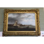 A 19th Century oil of shipping off the coast with harbour in background in swept gilt frame,