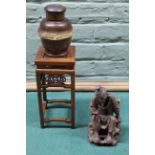 Three Oriental carved wooden items including a tea caddy,