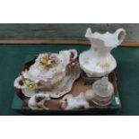 A continental two handled porcelain tureen and stand with applied roses, a large jug,