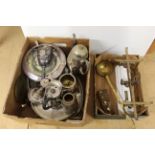 A box of mixed metalwares including silver plate, brass ladle,