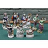 Eight 19th Century Staffordshire flat back figurines including an early pair,