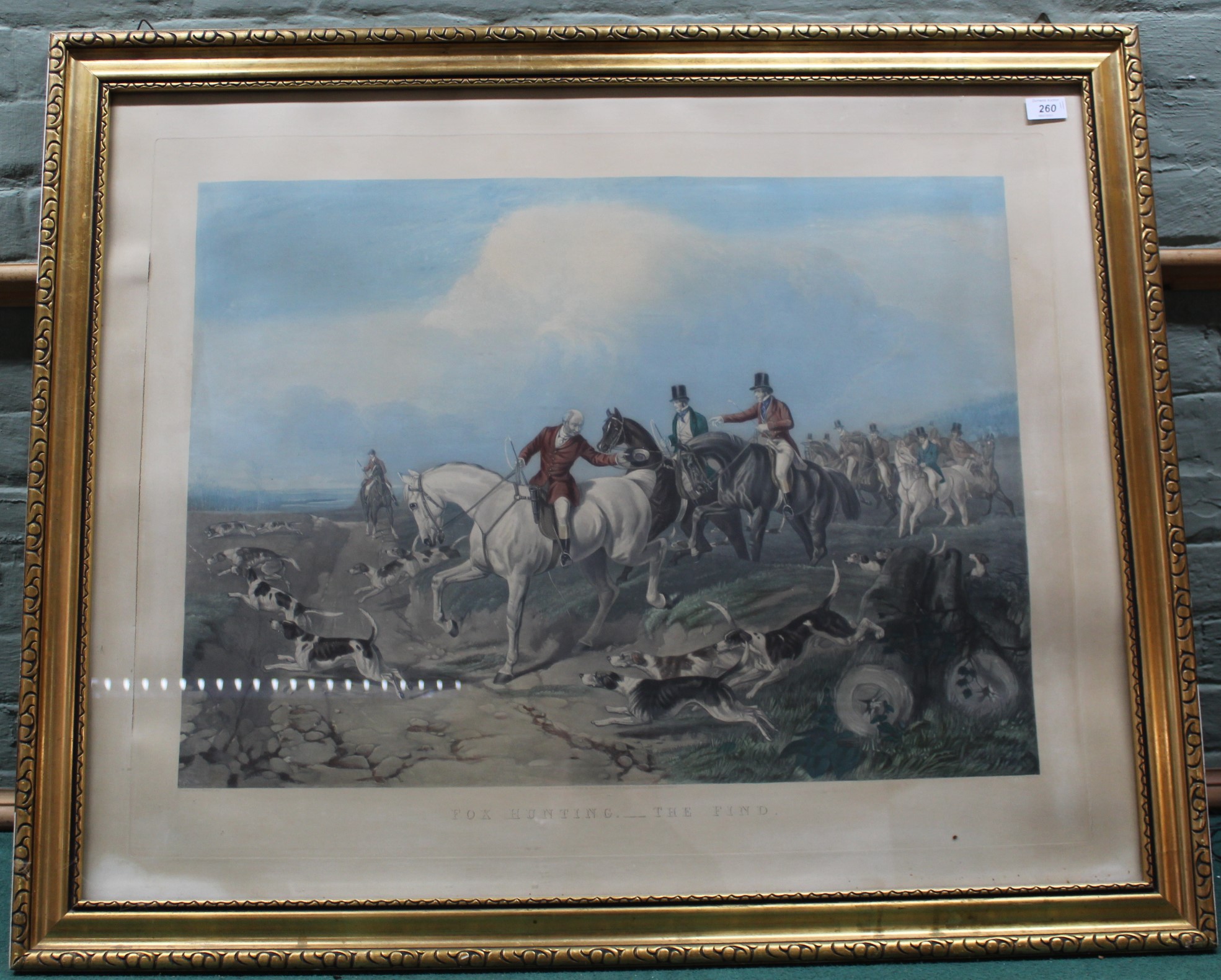 A large framed hunting print 'Fox Hunting - The Find' plus five assorted military prints and five