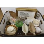 A mixed lot of items including cat prints, various jugs, paperweight, figurines,
