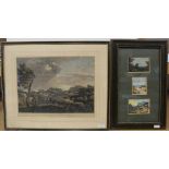 A pair of framed coloured prints after Poussin, three small landscape watercolours in a frame,
