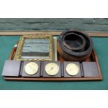 A large wooden tray plus a triple wooden framed barometer set,