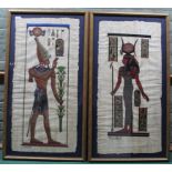 Two large framed Egyptian hand painted on papyrus pictures of a God and Goddess,