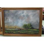 A framed oil on canvas of trees beside a river and two other landscape oils,
