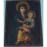 An antique oil on metal panel of Madonna and Child, 17cm x 22.