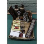 A box of mixed items including metalwares, clocks,