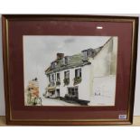 A framed watercolour of a village bookshop,