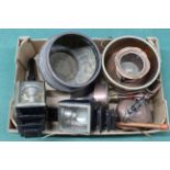 A box of mixed metalware including a pair of carriage lamps, copper Art Nouveau jardiniere,