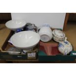 Two boxes of mixed ceramics including two large blue and white comports, a duck egg holder,