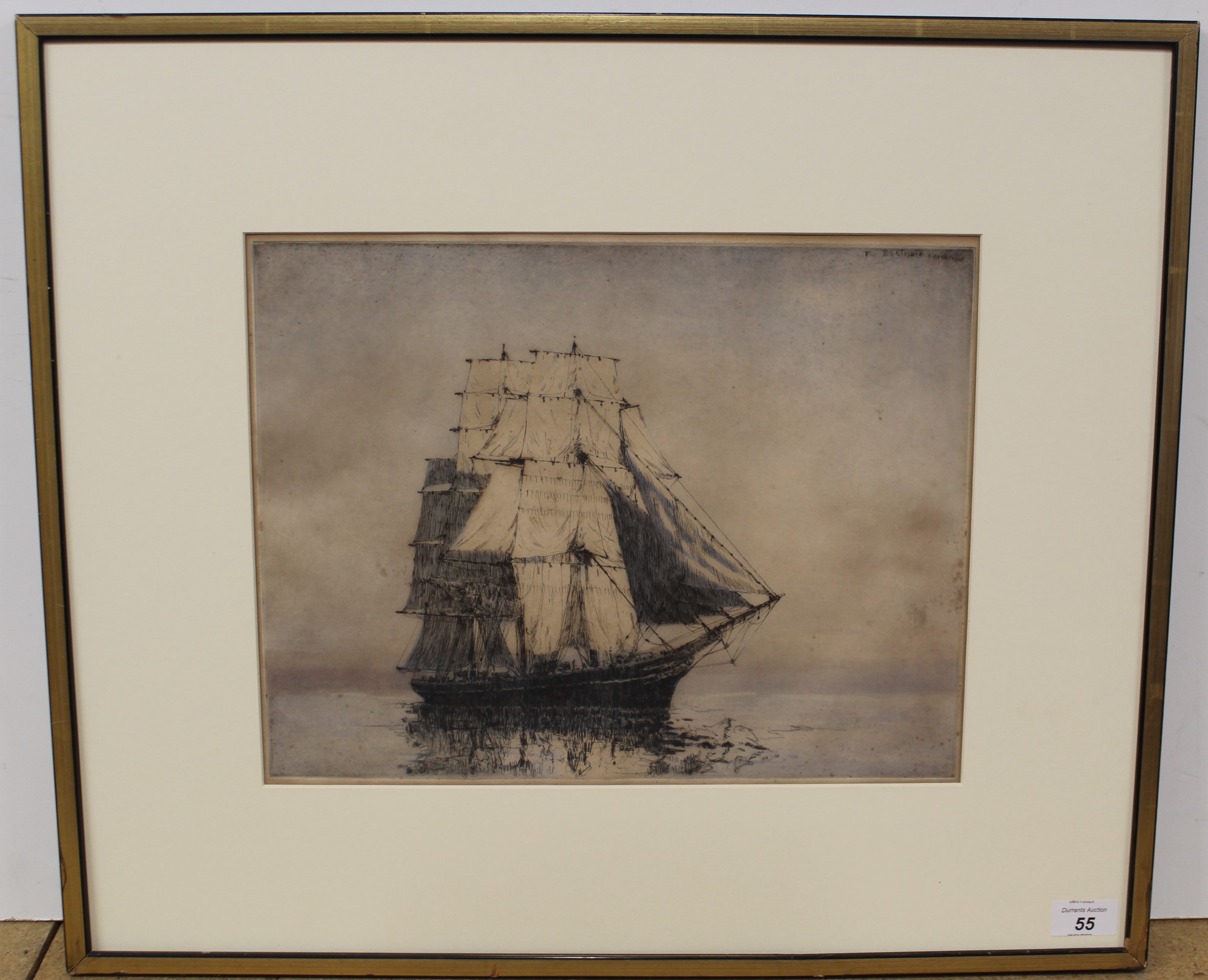 Arthur J T Briscoe, a framed etching of a tea clipper c1975, with details on verso,