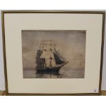 Arthur J T Briscoe, a framed etching of a tea clipper c1975, with details on verso,