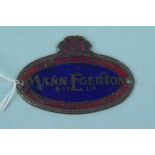 A small vintage metal and enamel machine badge for Mann Egerton & Co Ltd, 6.
