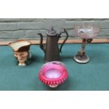 A Victorian pink and opaque glass basket, a 19th Century pewter coffee pot,