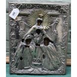 A white metal cased religious icon of apostles and Madonna and Child, label for Polish origin, 28.