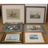 Six assorted framed watercolours, prints and oils including still life, landscapes,