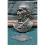 A vintage white metal bust of William Gladstone with separate plaque