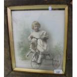 A substantially framed opalotype portrait of a young Victorian girl on a tricycle, signed Percival,