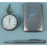 A hallmarked silver cigarette case, a propelling pencil plus an Illinois Watch Co with hallmarked