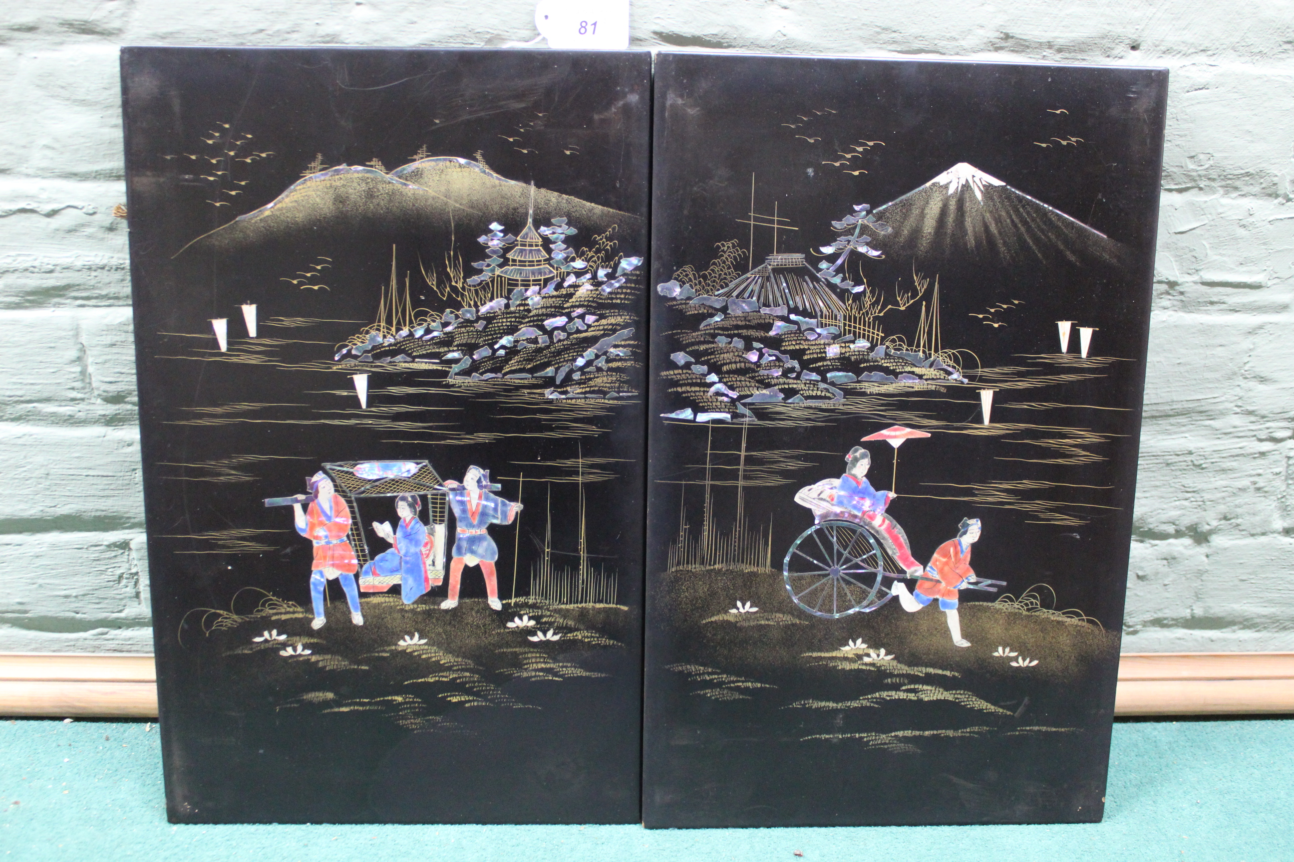 A pair of vintage Japanese wooden panels inlaid with painted mother of pearl, 28.