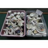 Two boxes of Royal commemorative mugs, bells, plates etc,
