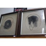 A pair of oak framed charcoal studies of a dog's head and a horse's head, signed with initials J.S.