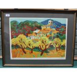 Guy Charon signed framed limited edition lithographic print 22/275 of a French hill scene,
